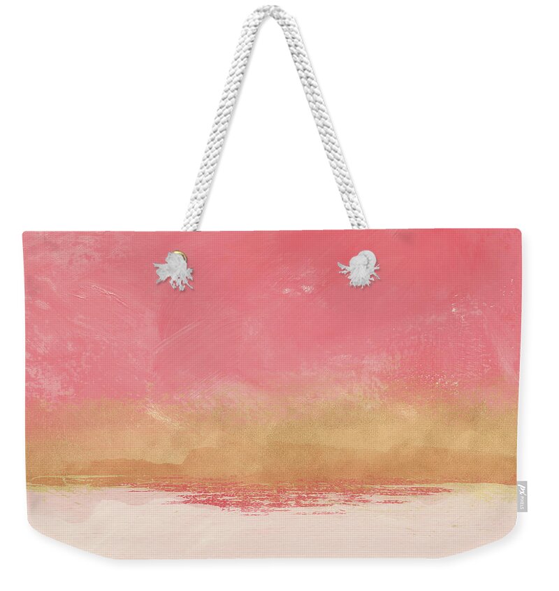 Abstract Weekender Tote Bag featuring the mixed media Coral and Gold Abstract 1- Art by Linda Woods by Linda Woods