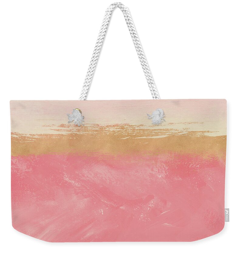 Abstract Weekender Tote Bag featuring the mixed media Coral and Gold Abstract 2- Art by Linda Woods by Linda Woods