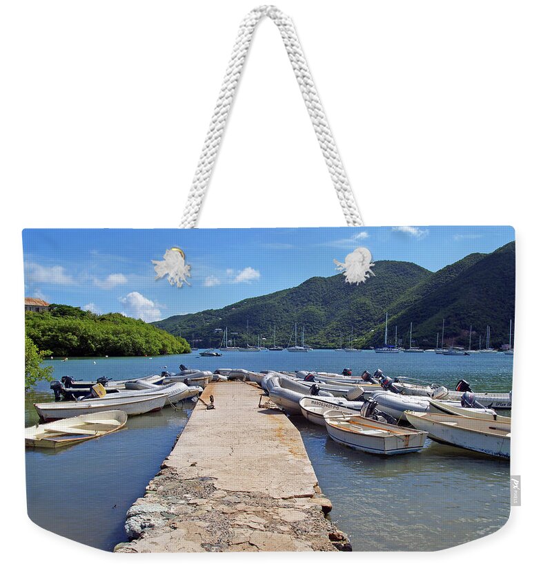 Coral Bay Weekender Tote Bag featuring the photograph Coral Bay Dinghy Dock by Pauline Walsh Jacobson