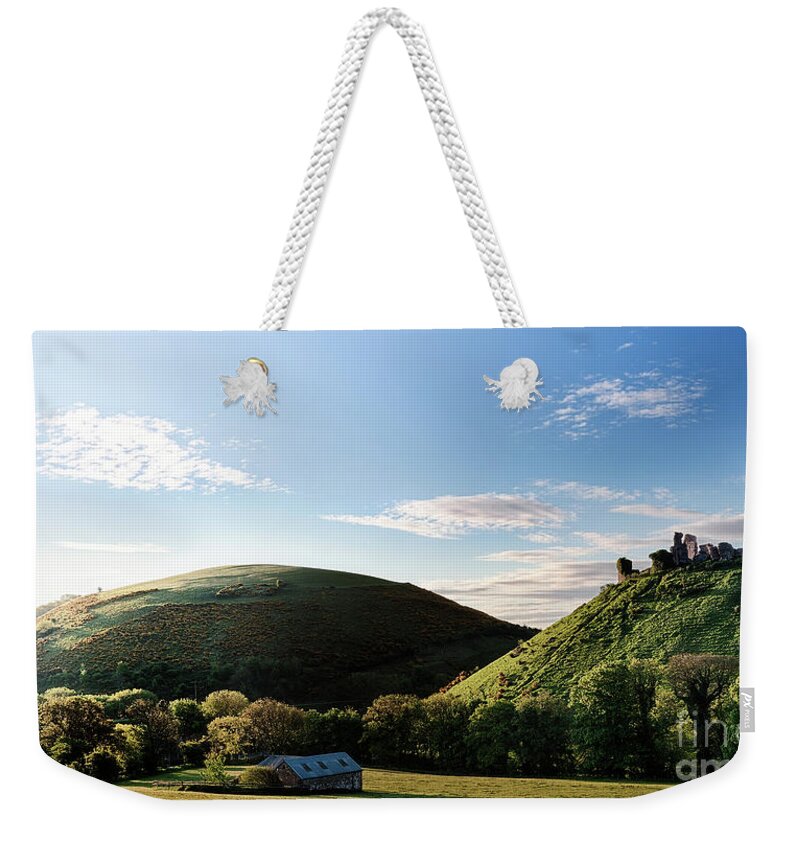 Corfe Castle Weekender Tote Bag featuring the photograph Corfe Castle morning panoramic by Simon Bratt