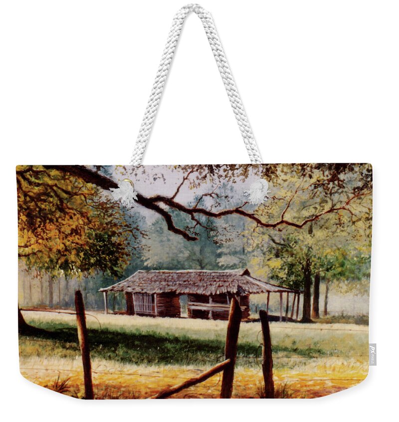 Corn Weekender Tote Bag featuring the painting Corn Crib by Randy Welborn