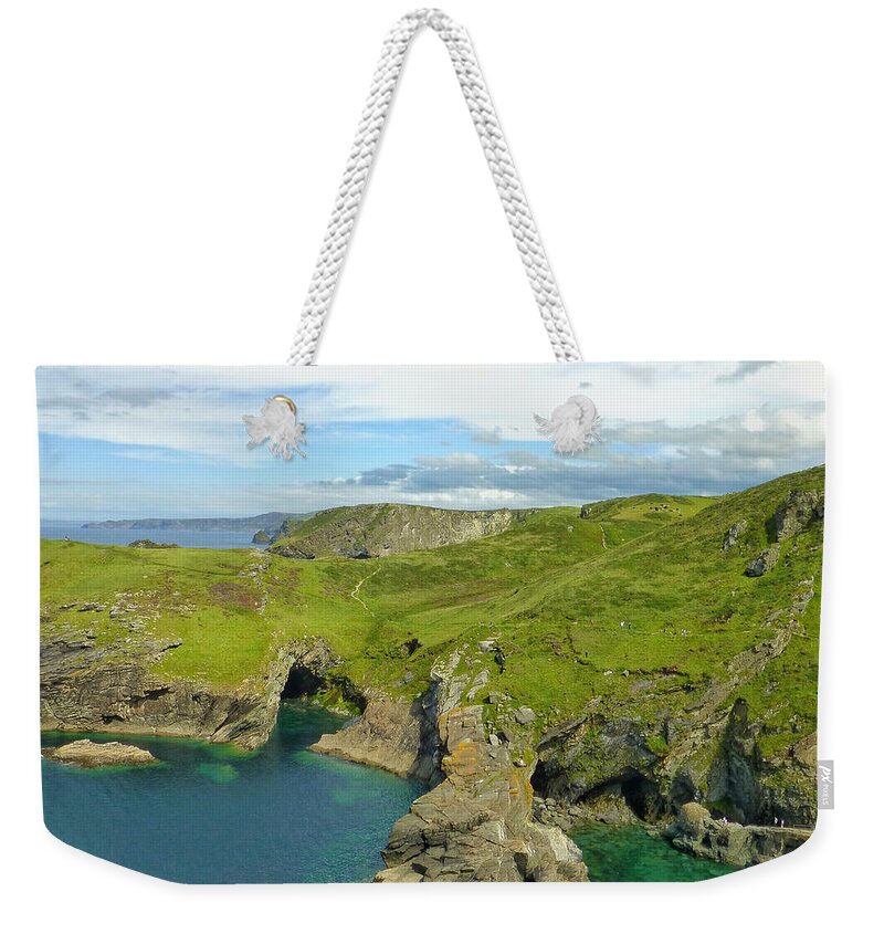 Connie Handscomb Weekender Tote Bag featuring the photograph Cornwall Coast At Tintagel by Connie Handscomb