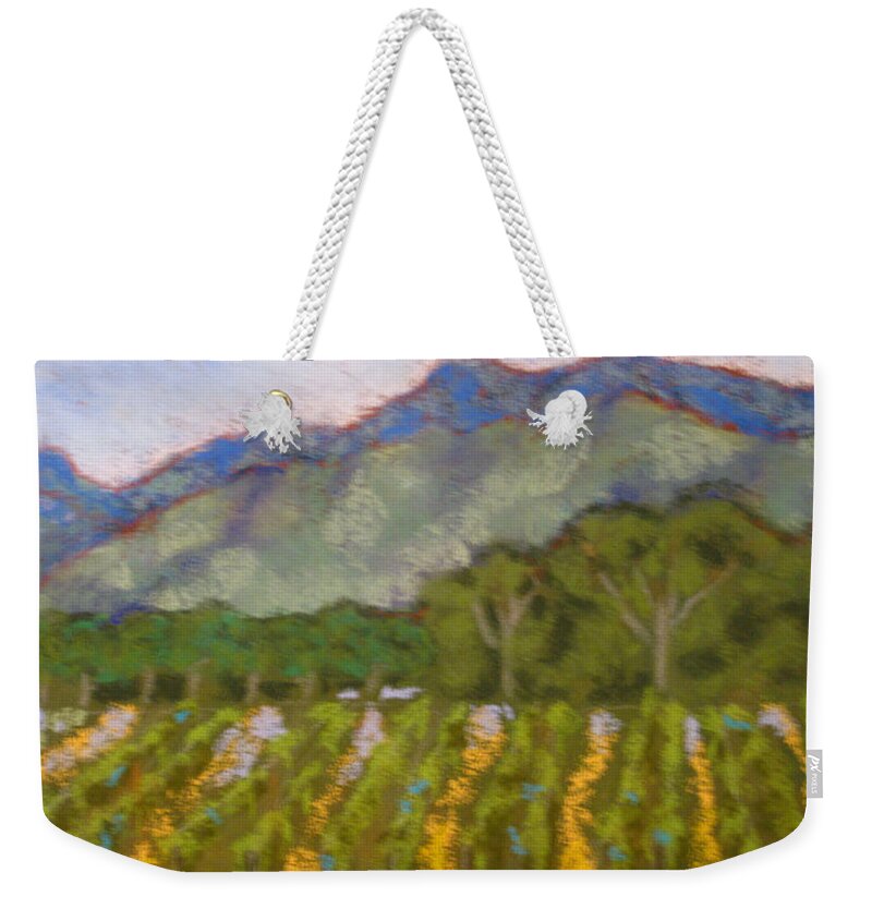 Corrales Mountains Weekender Tote Bag featuring the pastel Corrales Vineyard by Constance Gehring