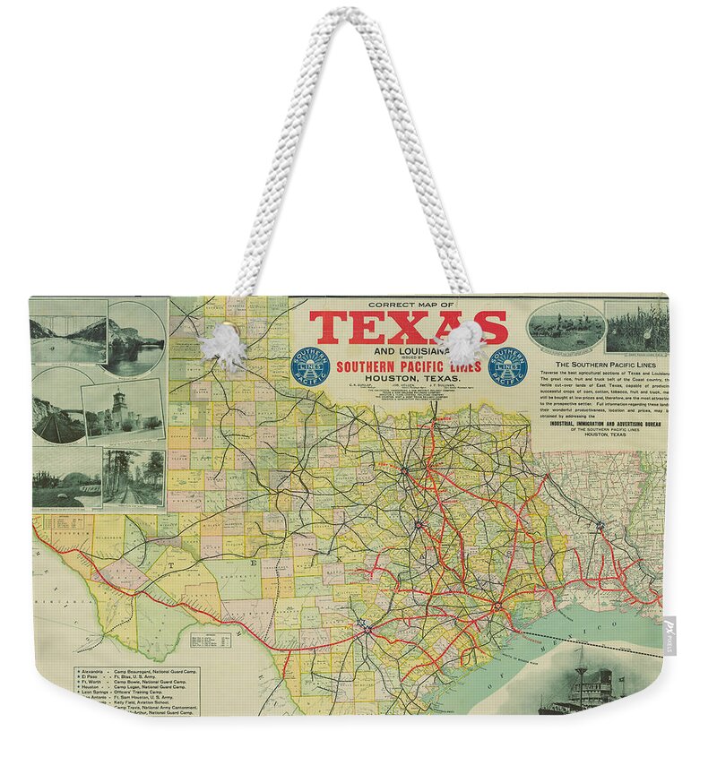 Texas Weekender Tote Bag featuring the digital art Correct Map of Texas and Louisiana 1917 by Texas Map Store