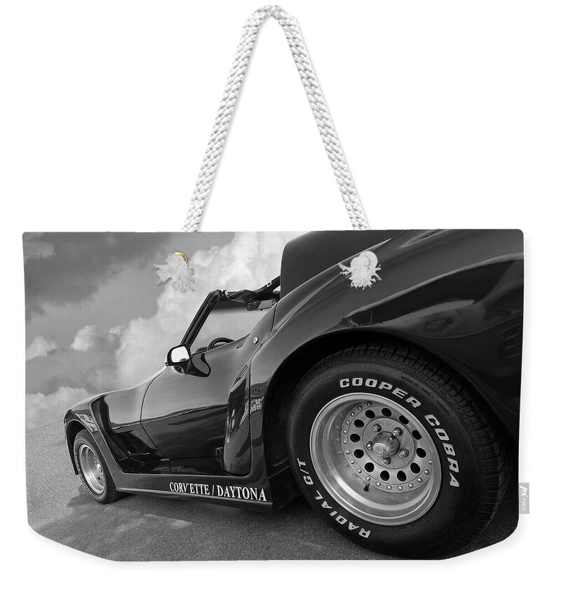 Corvette Weekender Tote Bag featuring the photograph Corvette Daytona in Black and White by Gill Billington