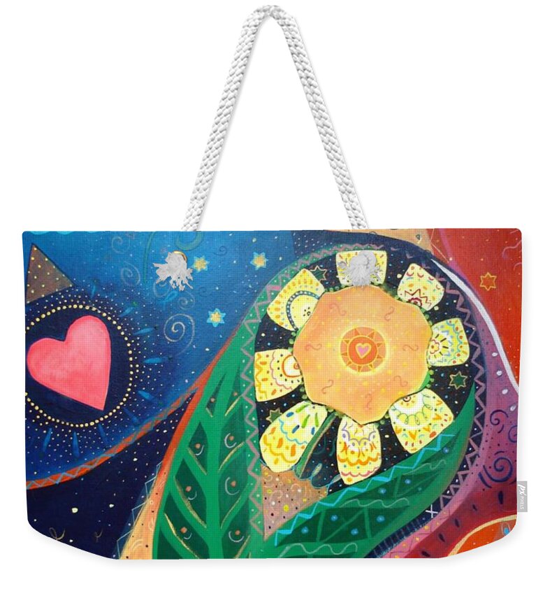 Yin And Yang Weekender Tote Bag featuring the painting Cosmic Carnival II aka Duality by Helena Tiainen