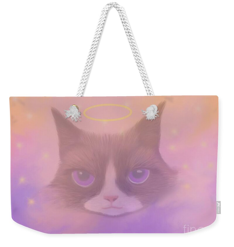 Cosmic Weekender Tote Bag featuring the painting Angelic Cosmic Cat - Spirit Animal by Barefoot Bodeez Art