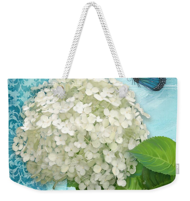 White Hydrangea Weekender Tote Bag featuring the painting Cottage Garden White Hydrangea with Blue Butterfly by Audrey Jeanne Roberts