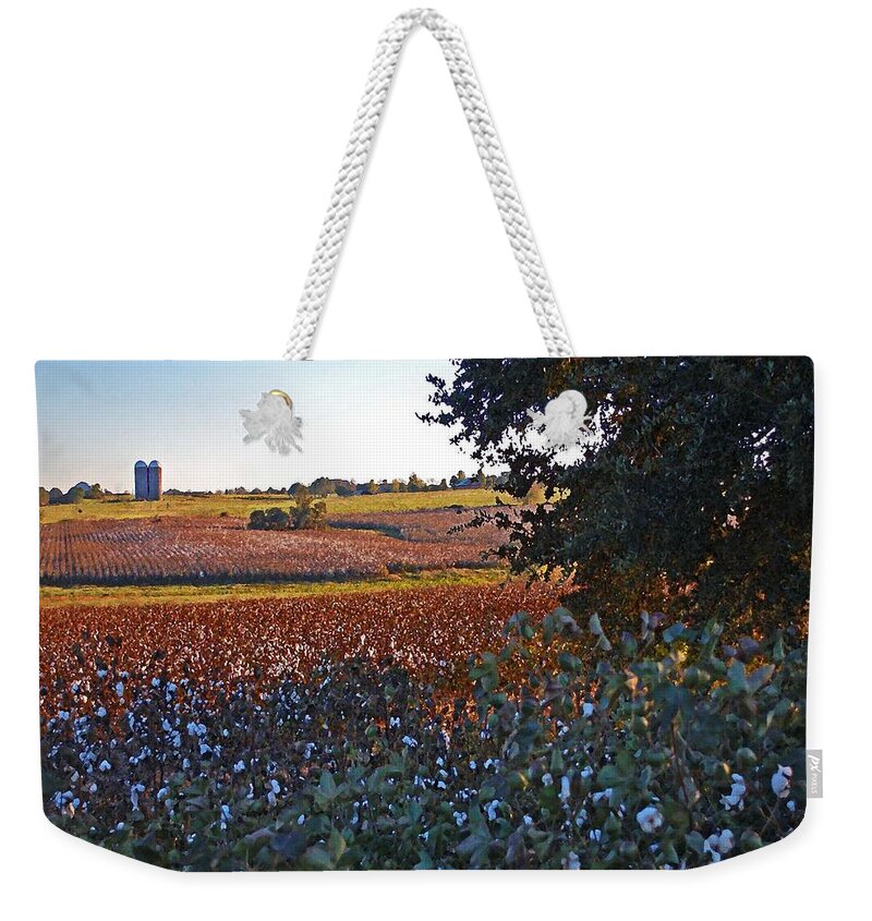 Flowers Weekender Tote Bag featuring the digital art Cotton and the 2 Silos by Michael Thomas