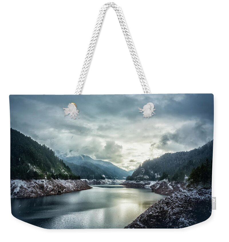 Cougar Reservoir Weekender Tote Bag featuring the photograph Cougar Reservoir on a Snowy Day by Belinda Greb