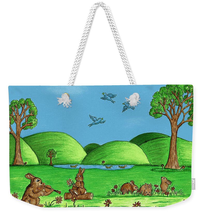 Landscape Weekender Tote Bag featuring the drawing Country Bunnies by Christina Wedberg