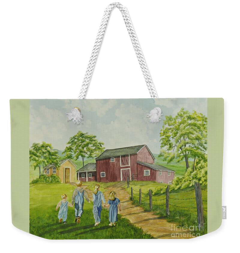 Country Kids Art Weekender Tote Bag featuring the painting Country Kids by Charlotte Blanchard