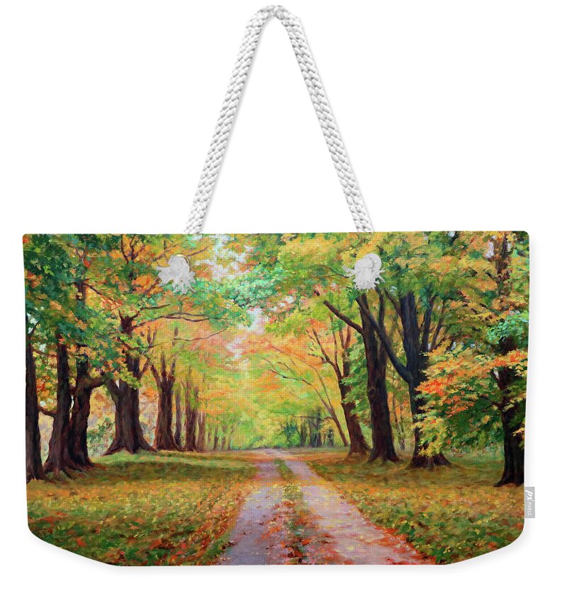 Country Lane Weekender Tote Bag featuring the painting Country Lane - A walk in Autumn by Bonnie Mason