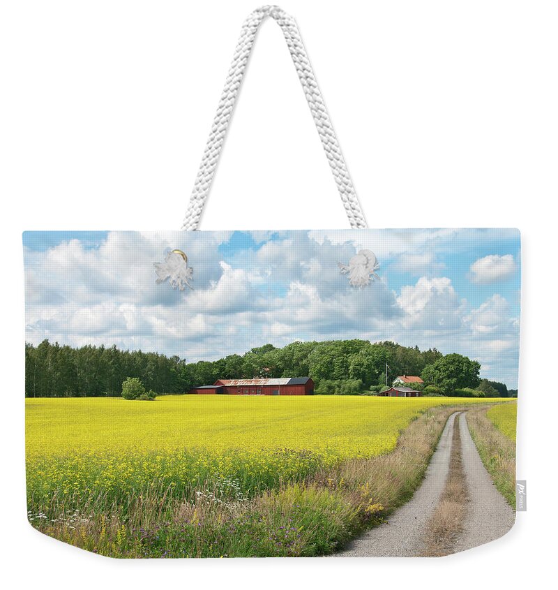 Field Weekender Tote Bag featuring the photograph Country road in yellow meadow by GoodMood Art