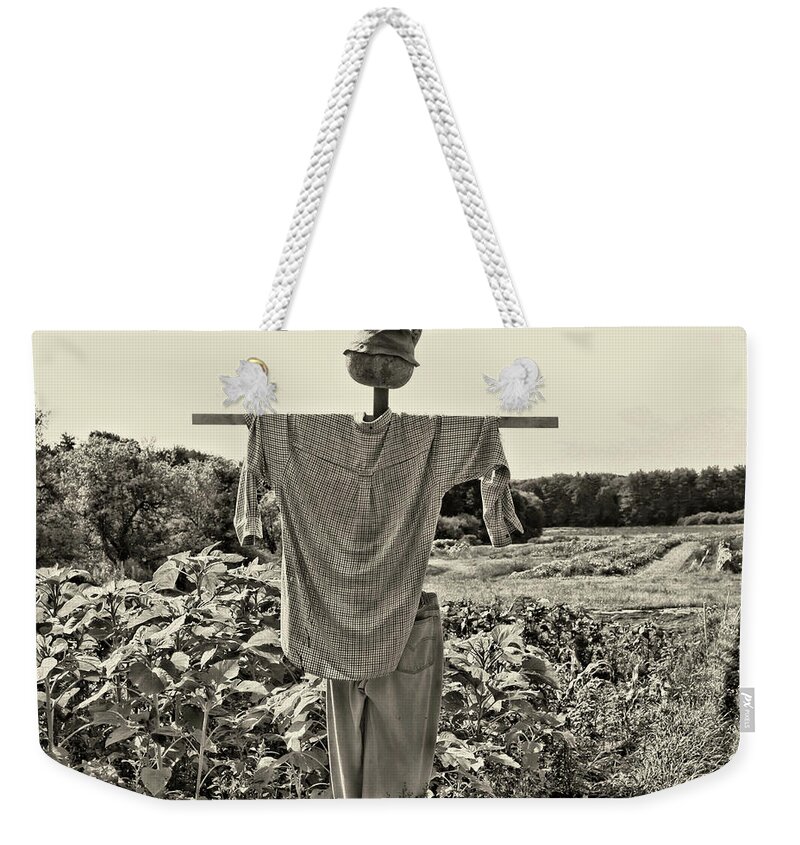Garden Scarecrow Weekender Tote Bag featuring the photograph Country Scarecrow In Black And White by Smilin Eyes Treasures