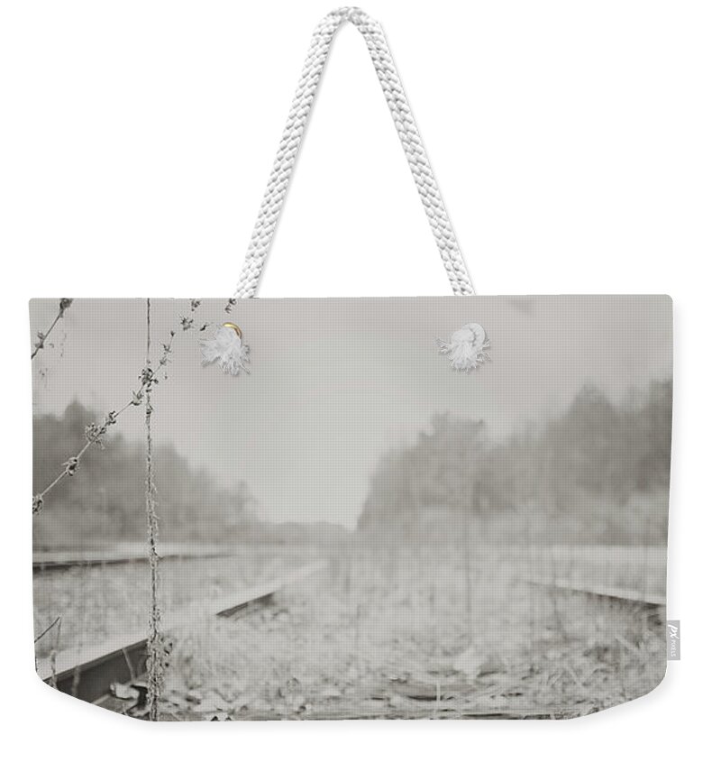 Railroad Weekender Tote Bag featuring the photograph Country Tracks BW by Megan Swormstedt