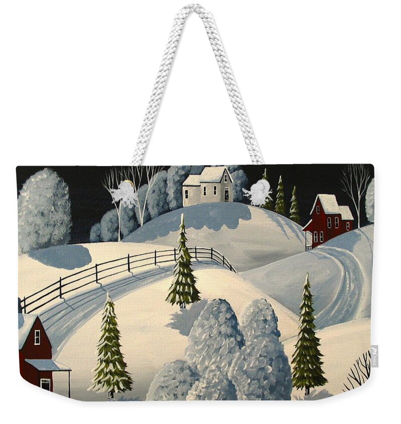 Art Weekender Tote Bag featuring the painting Country Winter Night - folk art landscape by Debbie Criswell
