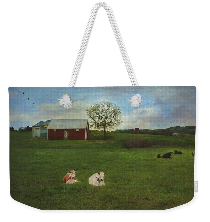Countryside Red Barn Farm Scene Weekender Tote Bag featuring the photograph Countryside Red Barn Farm Scene by Anna Louise