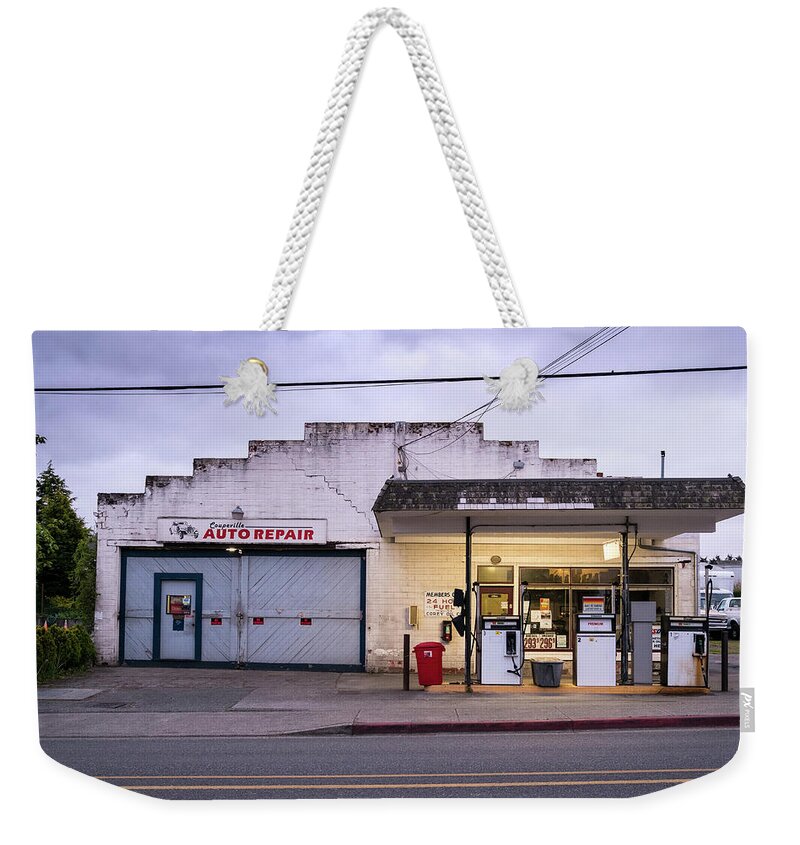 Washington Weekender Tote Bag featuring the photograph Coupeville Auto Repair at Dawn by Mary Lee Dereske