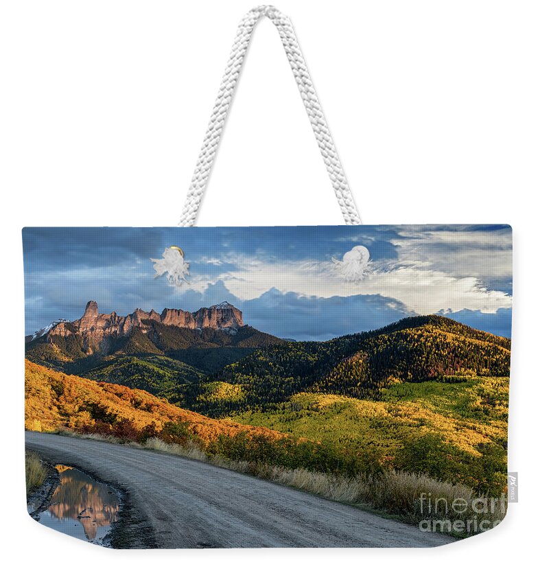 Courthouse Weekender Tote Bag featuring the photograph Courthouse Mountain and Chimney Rock Fall Colors by Tibor Vari