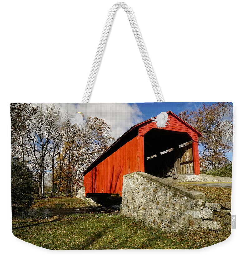 Covered Bridge Weekender Tote Bag featuring the photograph Covered Bridge at Poole Forge by William Jobes