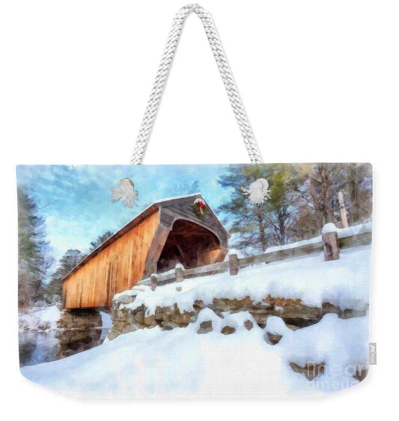 Watercolor Weekender Tote Bag featuring the painting Covered Bridge Winter Corbin Bridge Newport by Edward Fielding