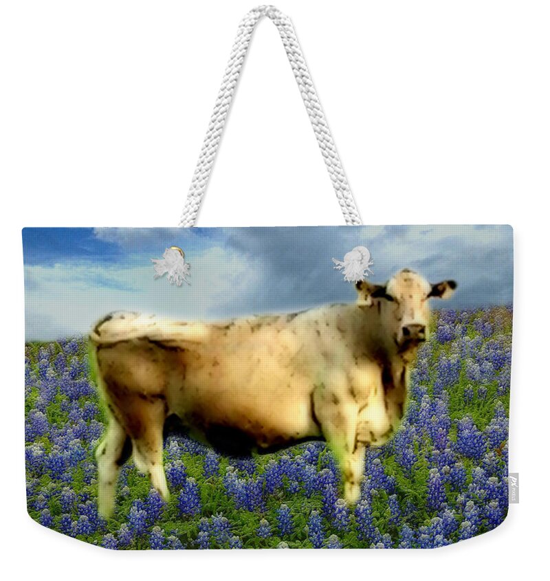 Art Weekender Tote Bag featuring the photograph Cow and Bluebonnets by Barbara Tristan