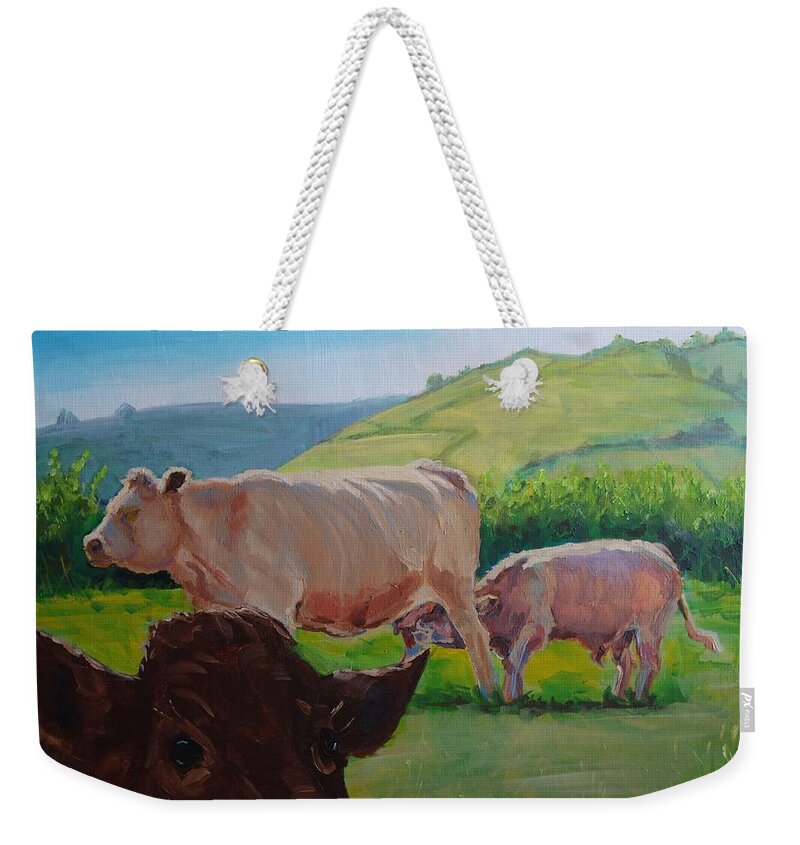 Mike Weekender Tote Bag featuring the painting Cow and Calf Painting by Mike Jory