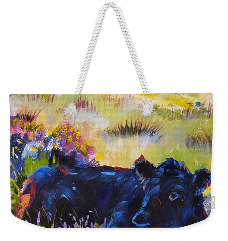 Black Weekender Tote Bag featuring the painting Cow lying down among plants by Mike Jory