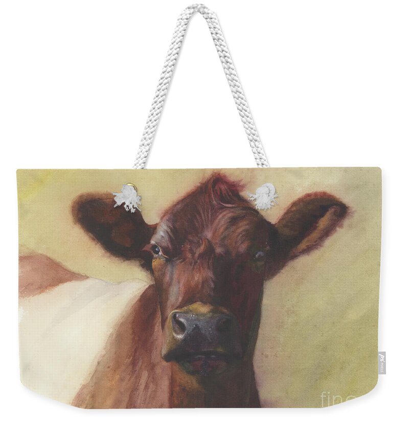 Cow Painting Weekender Tote Bag featuring the painting Cow Portrait III - Pregnant Pause by Terri Meyer