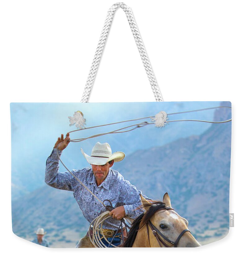 Cowboy Weekender Tote Bag featuring the photograph Cowboy Roping a Steer by Diane Diederich