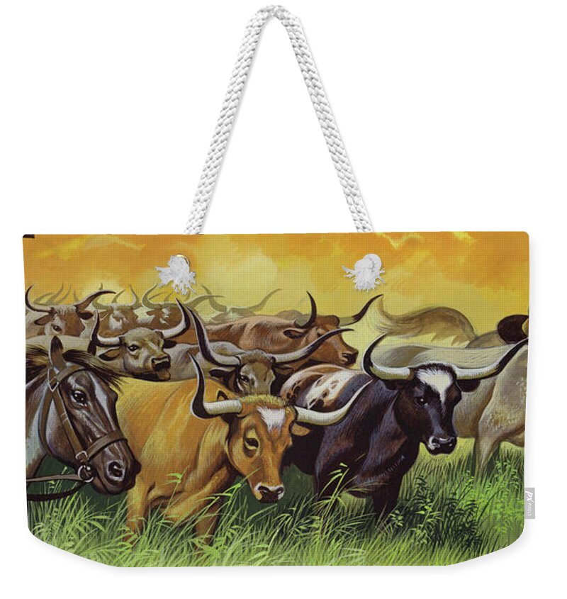 Cowboys Herding Cattle Weekender Tote Bag featuring the painting Cowboys herding cattle by Ron Embleton