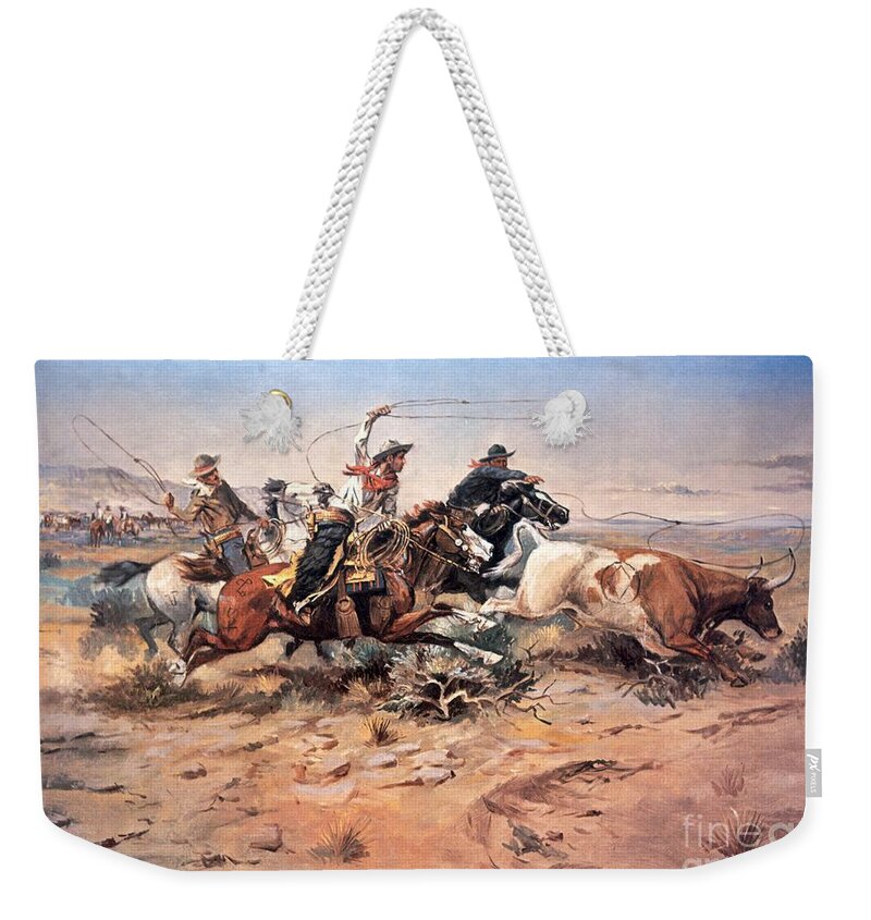 Cowboys Weekender Tote Bag featuring the painting Cowboys roping a steer by Charles Marion Russell