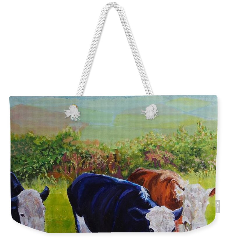 Misty Morning Weekender Tote Bag featuring the painting Cows and English Landscape by Mike Jory
