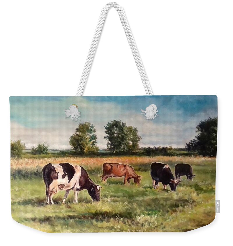 Cows Weekender Tote Bag featuring the painting Cows on the pasture by Luke Karcz