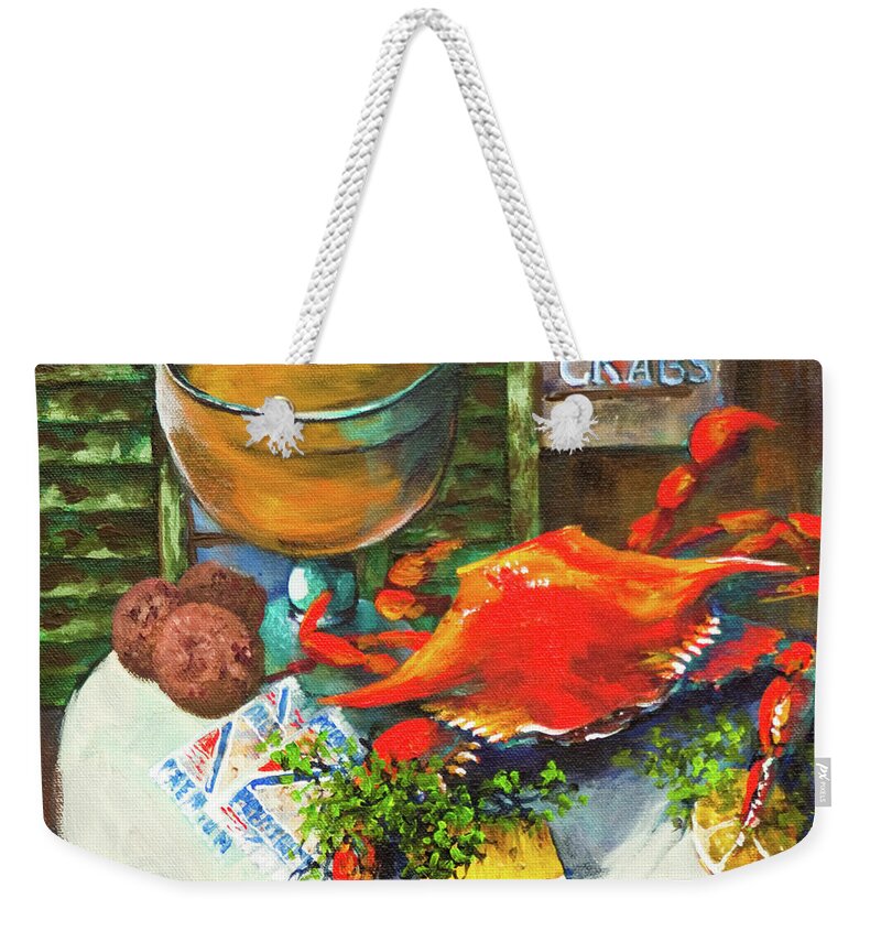 New Orleans Art Weekender Tote Bag featuring the painting Crab and Crackers by Dianne Parks