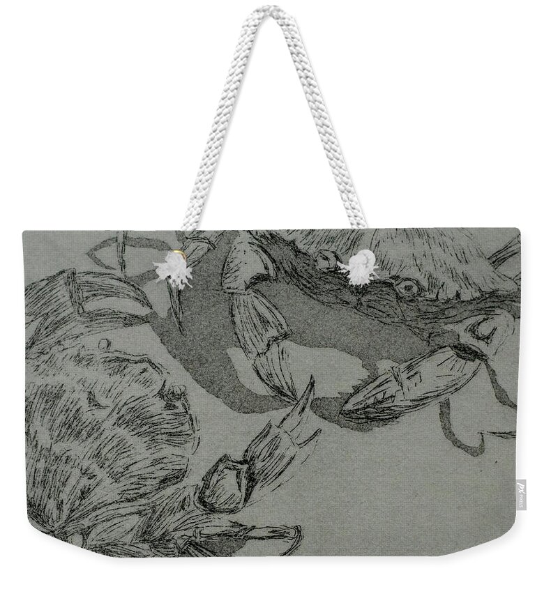 Crab Weekender Tote Bag featuring the mixed media Crab fight by Jackie MacNair