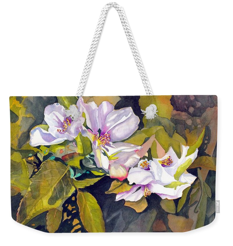 Bonsai Weekender Tote Bag featuring the painting Crabapple Bonsai in Bloom by Gerald Carpenter