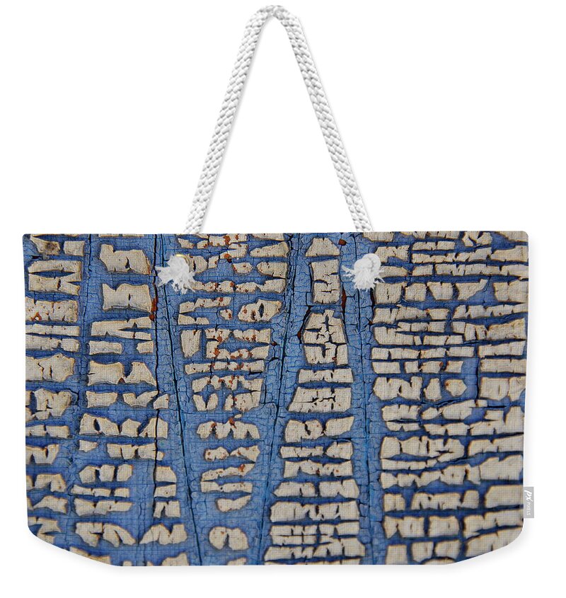 Antique Weekender Tote Bag featuring the photograph Crackled Blue White Paint by Andrea Kollo