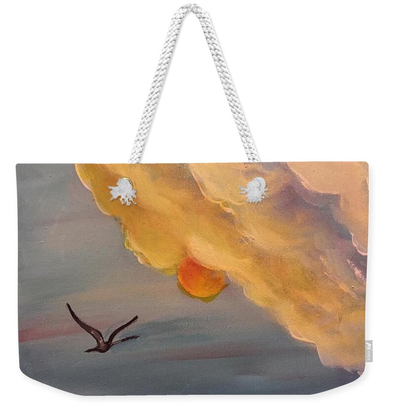 Crane Weekender Tote Bag featuring the painting Crane in Flight during a Florida Sunset by George Pedro