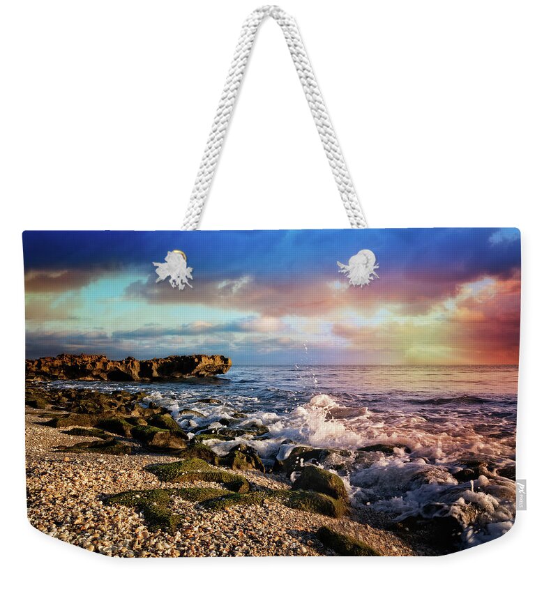 Clouds Weekender Tote Bag featuring the photograph Crashing Waves at Low Tide by Debra and Dave Vanderlaan