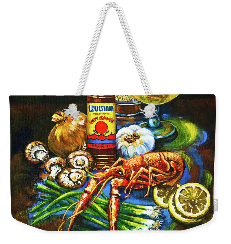  Louisiana Food Weekender Tote Bag featuring the painting Crawfish Fixin's by Dianne Parks
