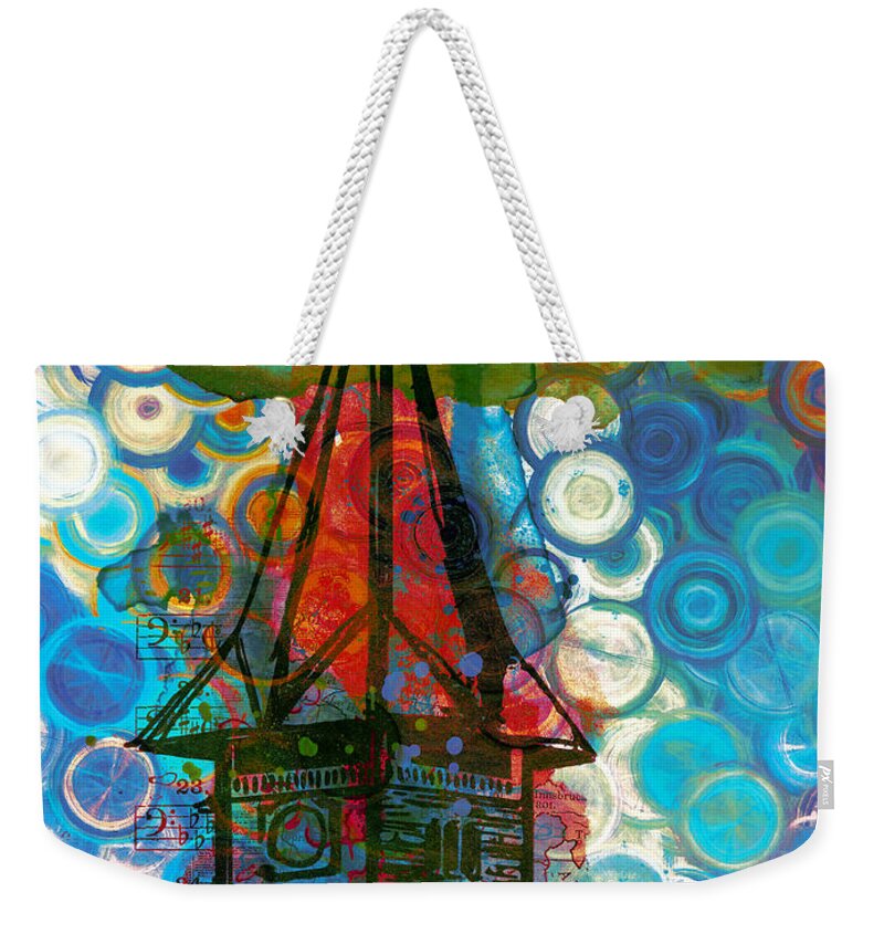 Crazy House In The Clouds Whimsy Weekender Tote Bag featuring the painting Crazy Red House In The Clouds Whimsy by Georgiana Romanovna