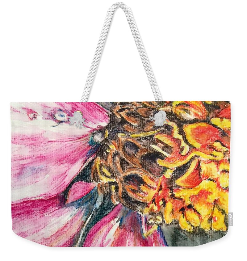 Macro Weekender Tote Bag featuring the drawing Crazy Top by Vonda Lawson-Rosa