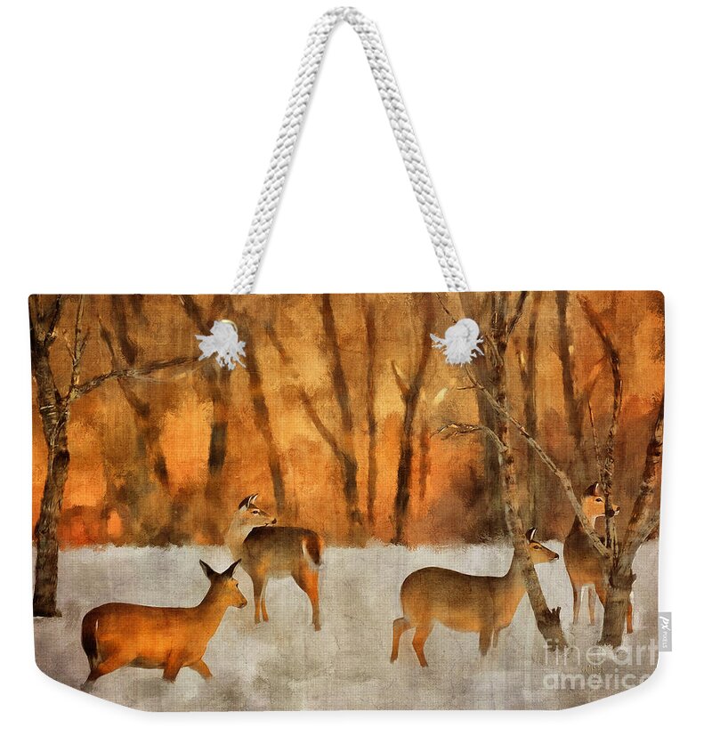 Deer Weekender Tote Bag featuring the digital art Creatures of a Winter Sunset by Lois Bryan