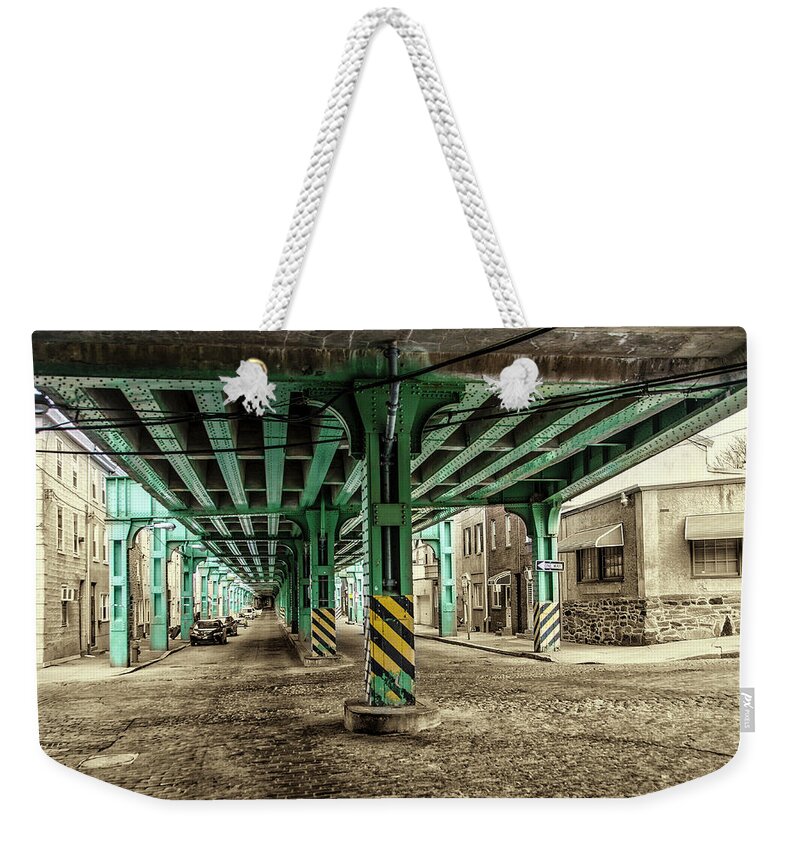 Cresson Weekender Tote Bag featuring the photograph Cresson Street Elevated Railroad in Sepia and Color by Bill Cannon