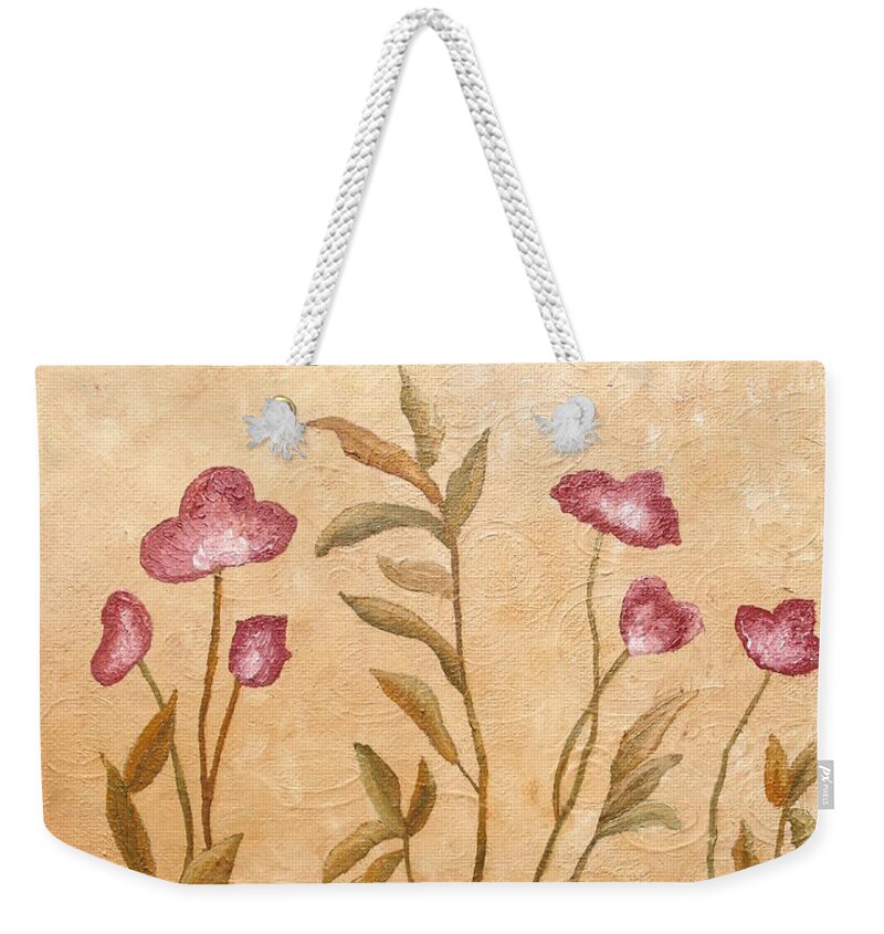 Crimson Flowers Weekender Tote Bag featuring the painting Crimson Flowers by Angeles M Pomata