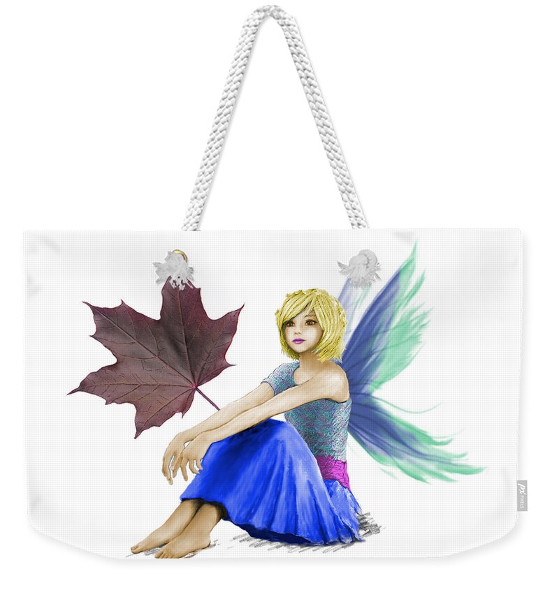 Fairy Weekender Tote Bag featuring the digital art Crimson King Maple Tree Fairy with a Leaf by Yuichi Tanabe
