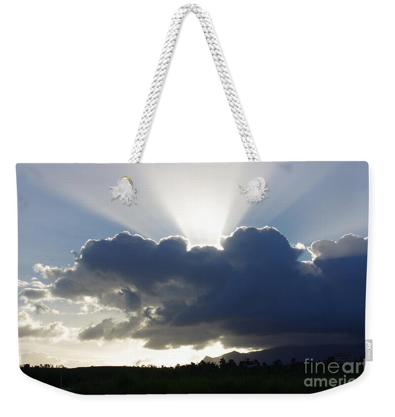 Afternoon Weekender Tote Bag featuring the painting Crocodile Clouds Sunrays and Mt Bartle Frere FNQ by Kerryn Madsen-Pietsch