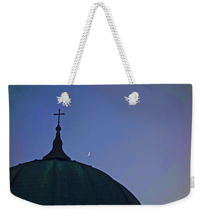 Photo Catholic Cross On Top Of Church With Moon In Sky Weekender Tote Bag featuring the photograph Cross and Moon by Joan Reese